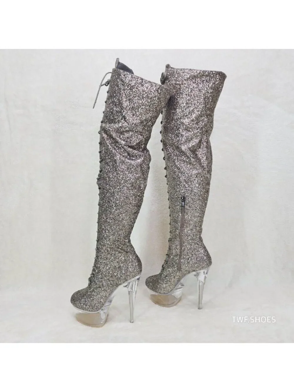 Bulls Silver Glitter Lace Up OTK Platform High Heel Thigh Boot